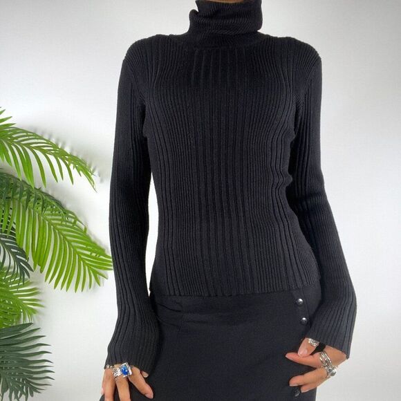 Vintage Y2K Black Grunge Minimalist Classy Indie Ribbed Turtleneck Sweater / 5 - Picture 1 of 5